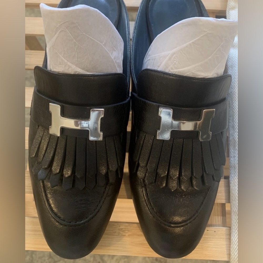 Hermes Black and Silver Mules size 36. Euc see pictures. Wear on soles.